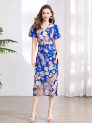 Embroidered Floral Puff Sleeve Midi Dress