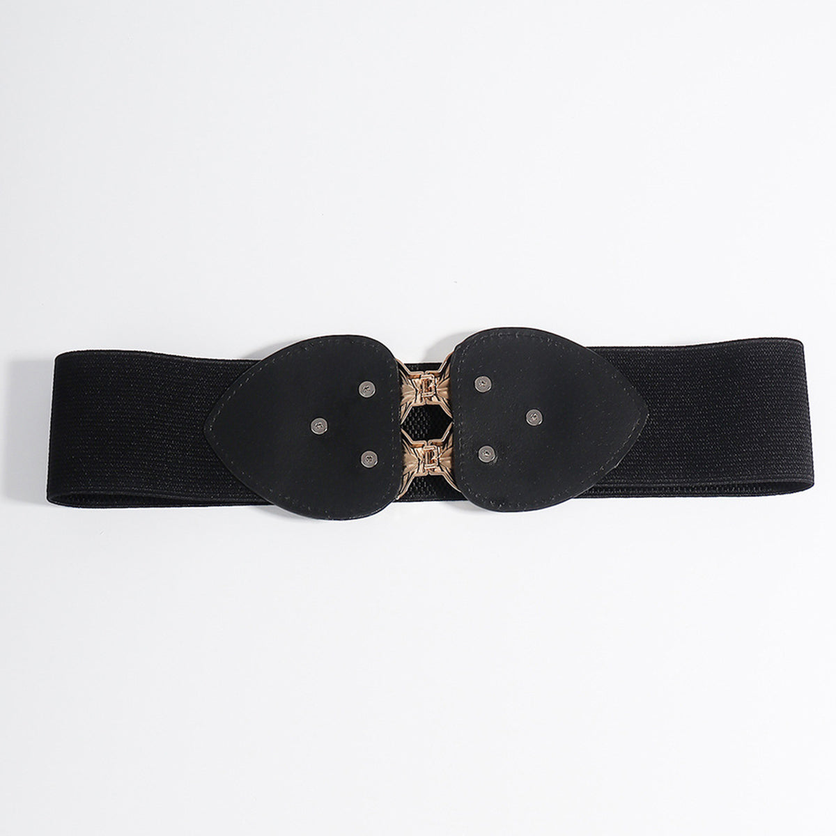 Black elasticated waist cincher belt with leaf motif detail and decorative buckle.