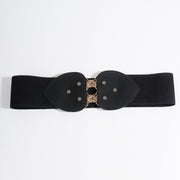 Black elasticated waist cincher belt with leaf motif detail and decorative buckle.