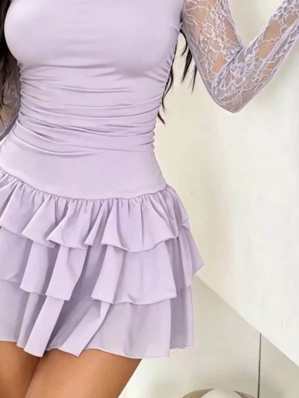 Lace Sleeve Ruffle Layered Mini Dress in Light Blue, fit detail
