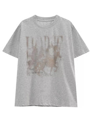 Grey cotton blend t-shirt with vintage graphic print and text.