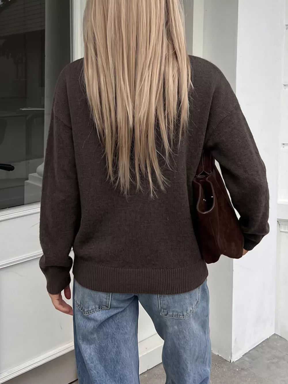Crew Neck Button-up Cardigan in Brown, back view