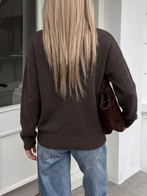 Crew Neck Button-up Cardigan in Brown, back view