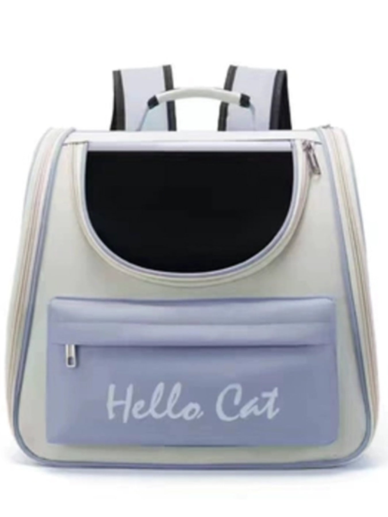 Stylish transparent pet carrier backpack in grey with aqua accents and "Hello Cat" text.
