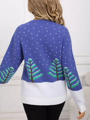 Blue acrylic sweater with evergreen trees and snow pattern, long sleeves, crew neck.
