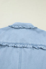 Light blue denim shift dress with ruffled collar detail