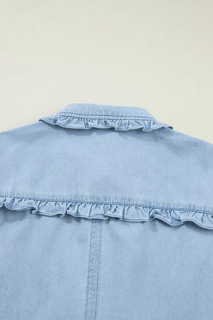 Light blue denim shift dress with ruffled collar detail