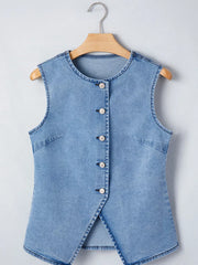 Light wash denim vest with button front and a slit detail.