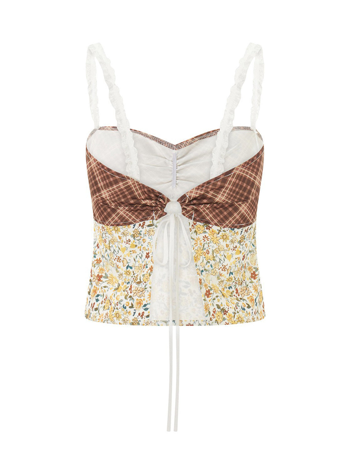 Mixed print corset cami with lace straps and tie front detail