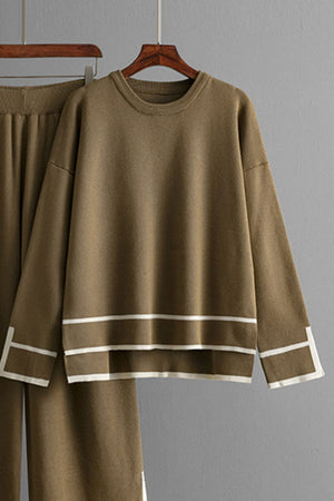 Olive brown acrylic loungewear set with round neck top and sweater pants, featuring white stripe details.