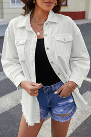 White oversized denim shirt jacket with frayed hem and button front.