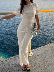 Ruched Short Sleeve Maxi Dress in Apricot, front view