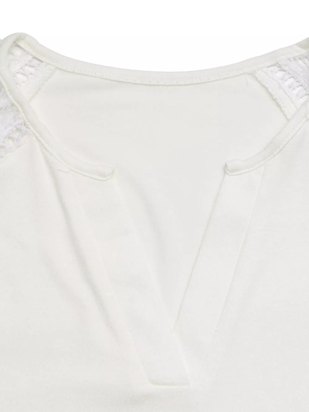 White t-shirt with cap sleeves and delicate lace trim at the neckline.