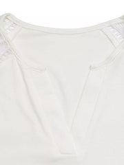 White t-shirt with cap sleeves and delicate lace trim at the neckline.