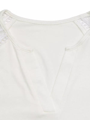 White t-shirt with cap sleeves and delicate lace trim at the neckline.