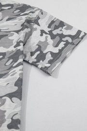 Gray camouflage relaxed fit V-neck tee with short sleeves.