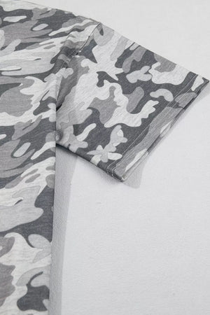 Gray camouflage relaxed fit V-neck tee with short sleeves.