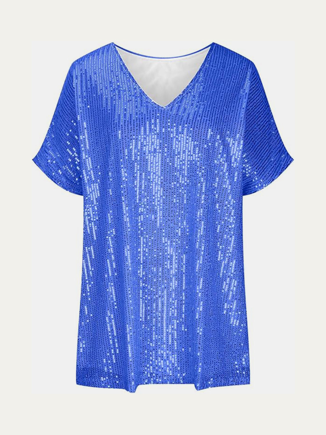 Blue sequin slouchy V-neck top with short sleeves
