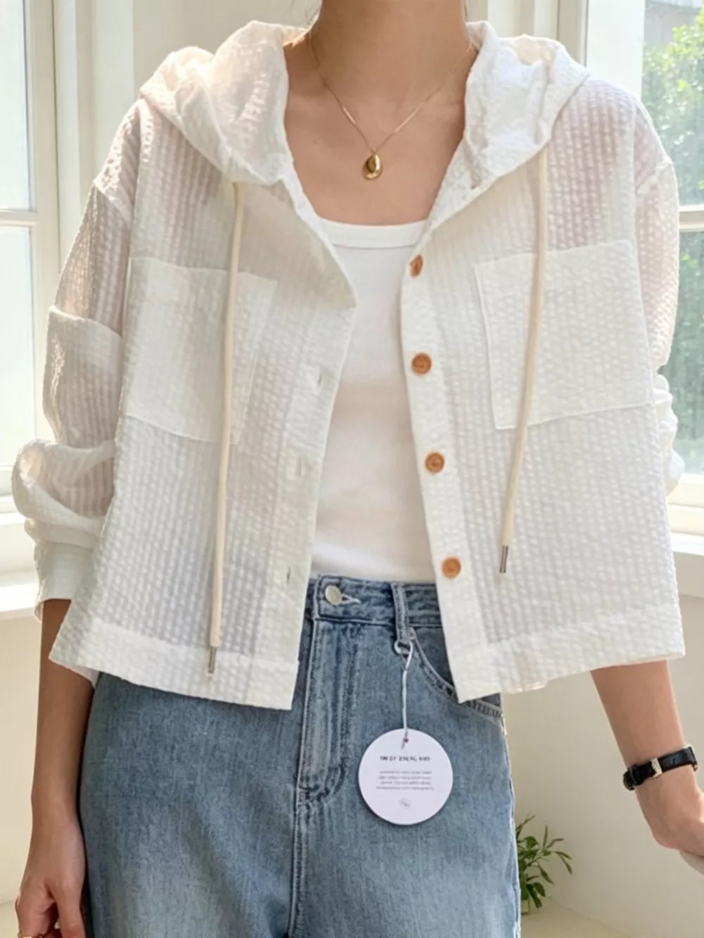 Striped Hooded Shirt With Drawstring, fabric detail
