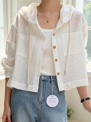 Striped Hooded Shirt With Drawstring, fabric detail