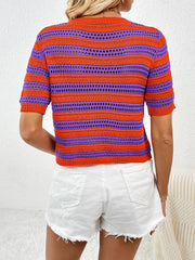 Open-knit striped crew neck top in orange and purple with short sleeves.