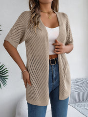 Khaki open-knit slouchy cardigan with short sleeves and a relaxed fit.