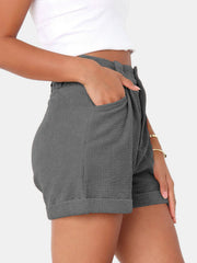 Dark Gray corduroy high-waist shorts with pleats and cuffed hems.
