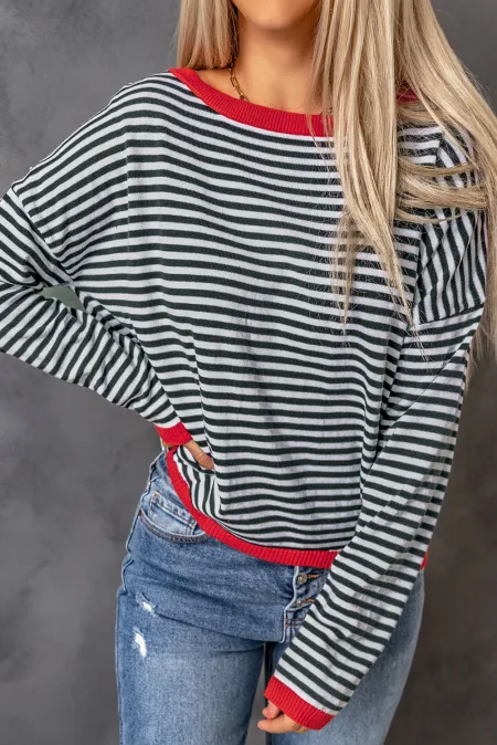 Striped knit crewneck sweater with red contrast trim and crew neckline.