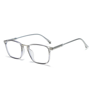 Clear acetate anti-light glasses with silver temples and textured detail.