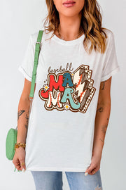 White graphic t-shirt with "Baseball Mama" text and baseball graphics.