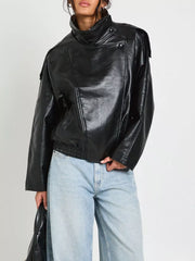 Faux Leather Moto Jacket With Asymmetrical Zip in Black, close-up detail