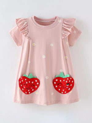 Pink cotton baby dress with strawberry applique pockets and floral print, featuring ruffle sleeves.