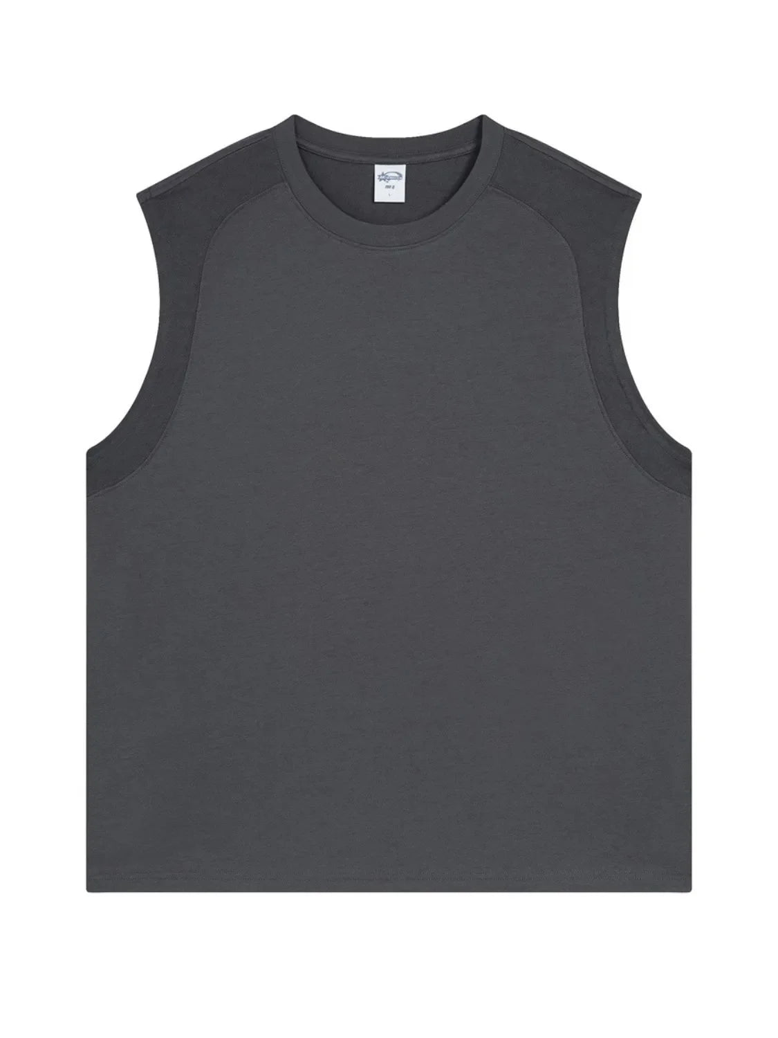 Sleeveless dark gray tank top with shoulder seam detail
