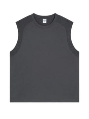 Sleeveless dark gray tank top with shoulder seam detail