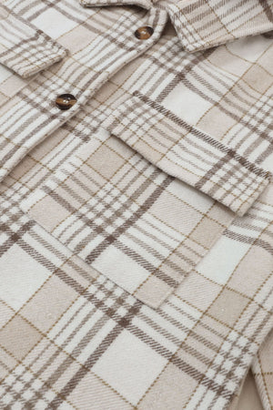 Oversized plaid shacket with attached hoodie in beige and brown plaid, featuring button-flap chest pockets.