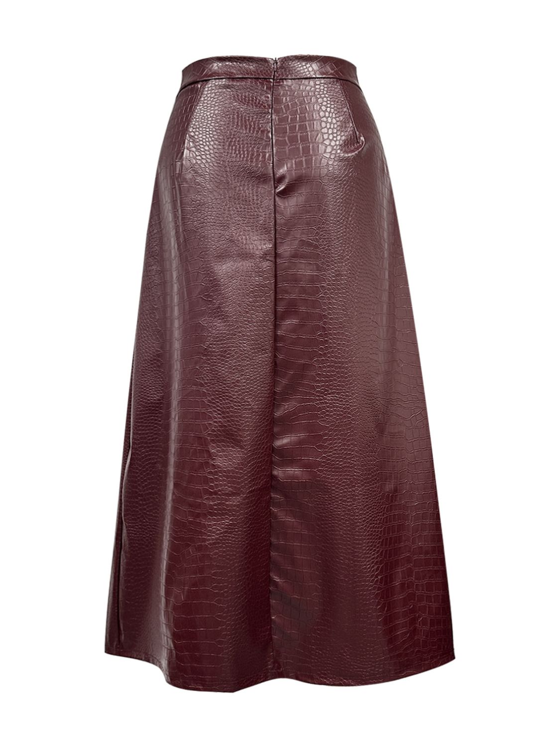Burgundy croc-effect A-line midi skirt with a back zipper detail.