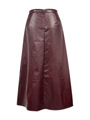 Burgundy croc-effect A-line midi skirt with a back zipper detail.