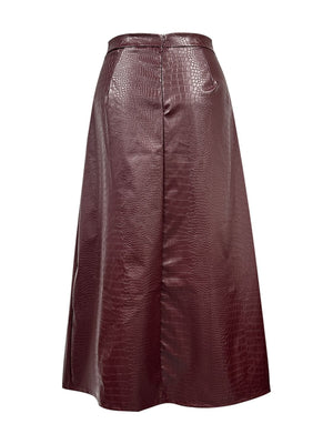 Burgundy croc-effect A-line midi skirt with a back zipper detail.