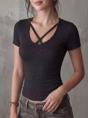Black glitter crossover V-neck fitted t-shirt with short sleeves