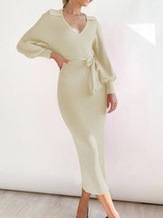 Cream ribbed knit midi dress with collar, V-neck, balloon sleeves, and tie waist.