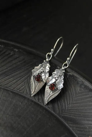 Textured leaf drop earrings with red stones, silver alloy, boho style