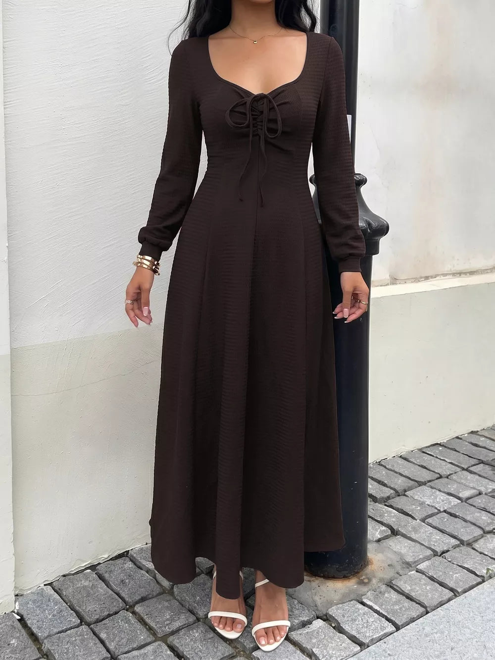 Long Sleeve Tie-front Maxi Dress in Brown, side view