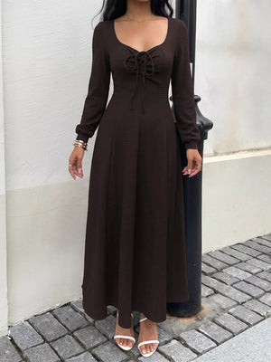 Long Sleeve Tie-front Maxi Dress in Brown, side view