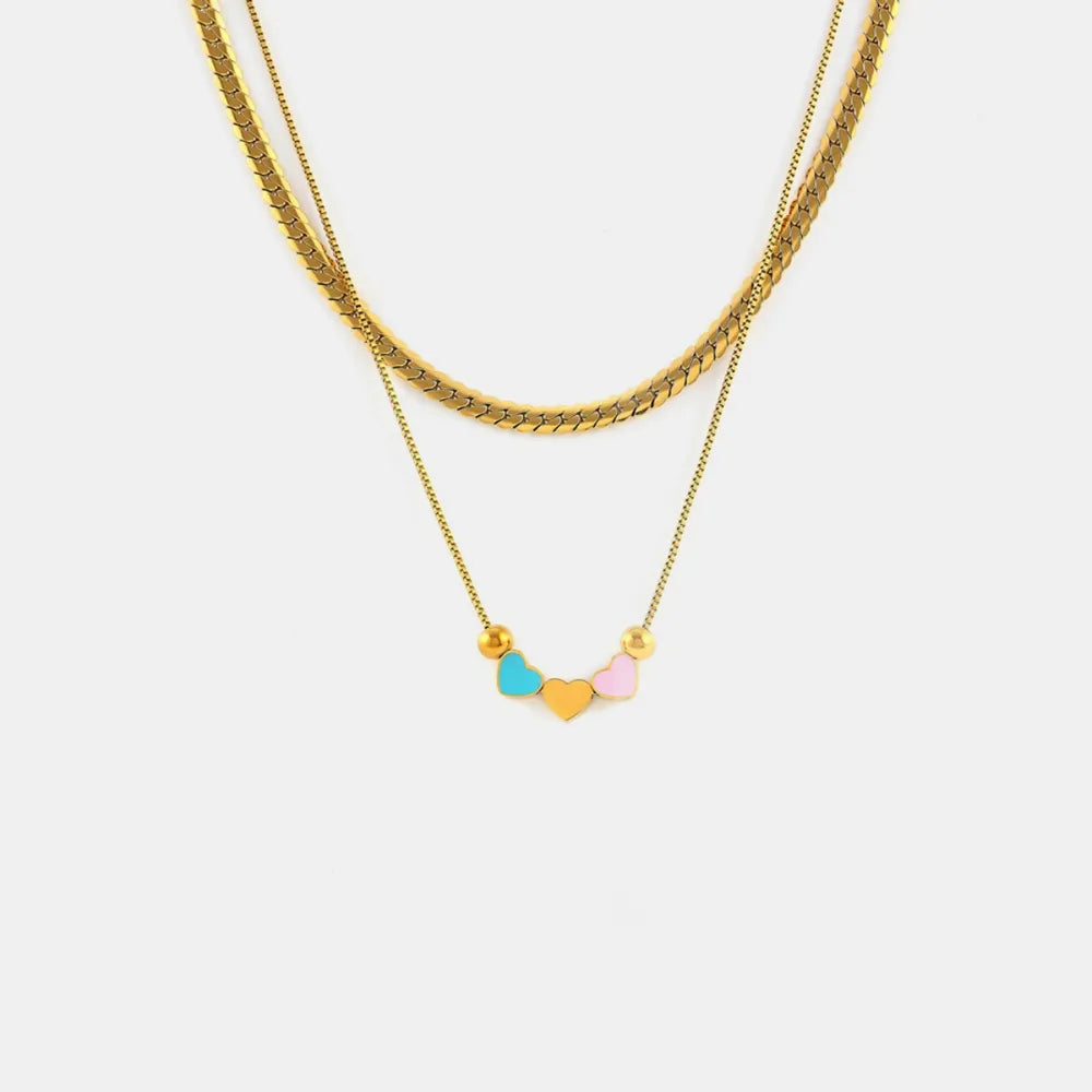 Gold double layered necklace with colorful heart charms and beads