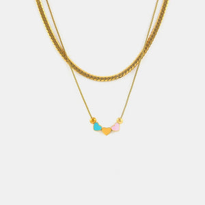 Gold double layered necklace with colorful heart charms and beads