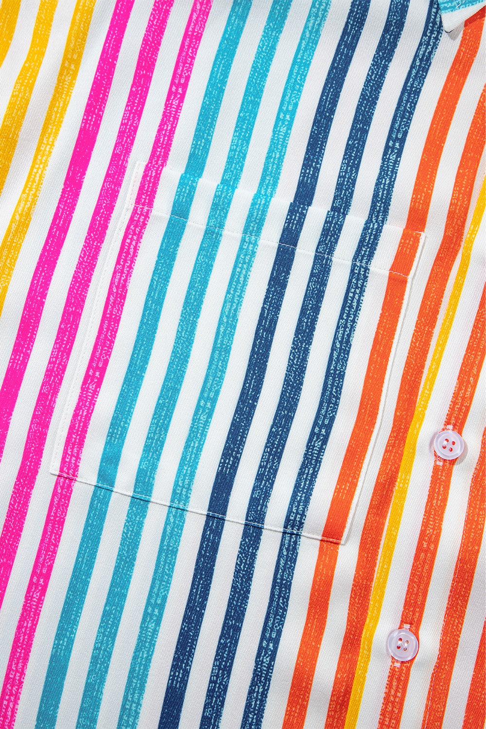 Rainbow stripe relaxed button-down shirt with chest pocket and white buttons.