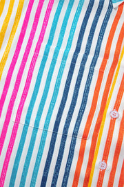 Rainbow stripe relaxed button-down shirt with chest pocket and white buttons.