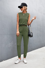 Army green cropped muscle tank and jogger set with shoulder pads