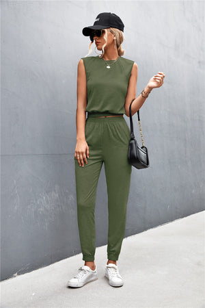 Army green cropped muscle tank and jogger set with shoulder pads