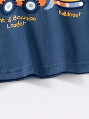 Blue t-shirt with playful construction vehicle graphics and text saying Bulldozer and Front & Backhoe Loader.
